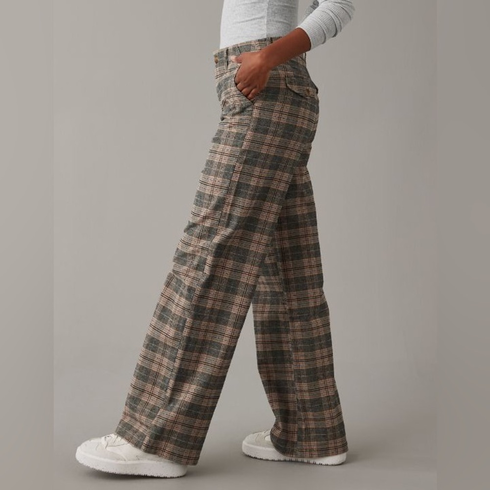 American Eagle Super High-Rise Wide-Leg Plaid Brown /Grey Trouser Pants NWT 10 - Picture 3 of 16